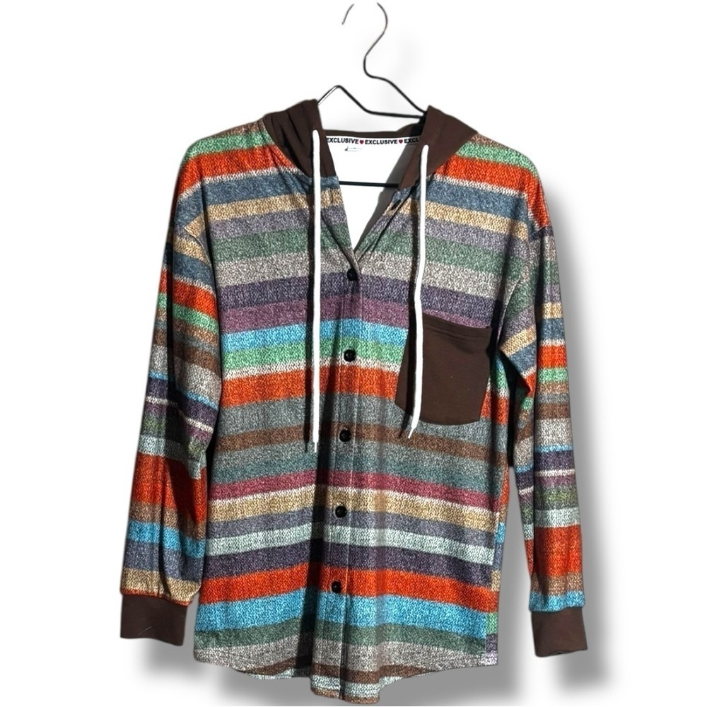 Striped Multicolor Button Up Brown Hood and Front Pocket Long Sleeve Sweater - Picture 12 of 16